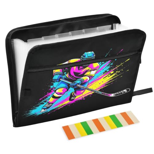 Gredecor 13 Pockets File Folder Organizer A4/Letter Water Resistant Document Bag with Zipper Filing Folder Expanding File Pouch Storage for School Office, Ice Hockey Player Neon - color: Ice Hockey Player Neon
