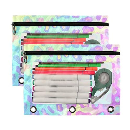 Kcldeci Pencil Pouch for 3 Ring Binder, Galaxy Leopard Spots Print 2 Pack Binder Pencil Pouch with Clear Window Pencil Bags with Zipper Pencil Case for Binder - color: B02