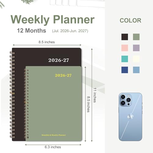 Planner 2026-2027, Weekly and Monthly Academic Year Calendar Planner, July 2026 - June 2027, Daily Agenda Book for Office School Supplies, A5(6.3'' x 8.5'') - color: C-Green, size: 6.3"x8.5"(Jul 2026-Jun 2027)