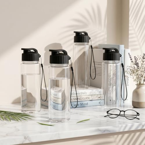 Mifoci 40 Pieces Plastic Water Bottle Bulk for Kids Adults 17 oz Reusable Large Water Bottle Bulk with Handle Strap Lightweight Leakproof Flip Top for Party Outdoor School(Clear,Black) - color: Clear,Black