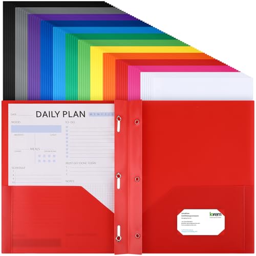 Cholemy 72 Packs Pocket Folders with Prongs Heavy Duty Plastic Folder with Business Card Slot 3 Prong Fasteners for School Office (Rainbow) - color: Rainbow