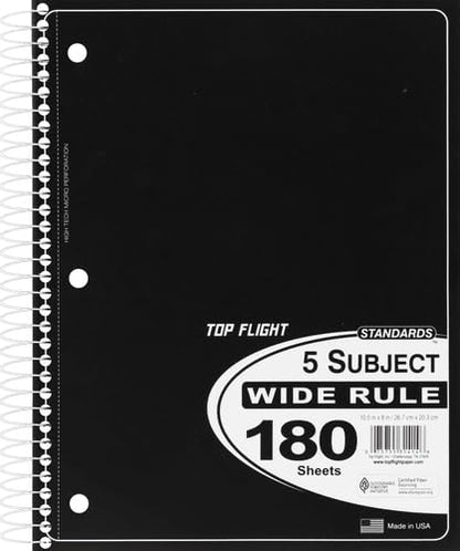 Top Flight Standards 5-Subject Wirebound Notebook, 180 Sheets, 3-Hole Punched, Wide Rule, 10.5 x 8 Inches, 1 Notebook, Color May Vary (31414) - size: 1 Count (Pack of 1)
