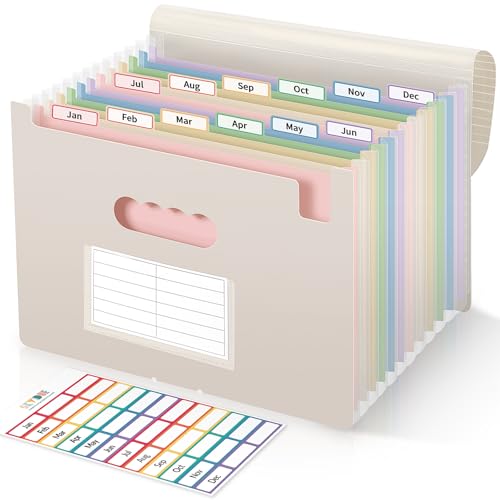 SKYDUE 13 Pocket Expanding File Folder, Accordion Document Organizer with Monthly Labels, A4 & Letter Size for Tax Records, Medical Files, Receipts, Home Office Brown - color: Milkteabrown