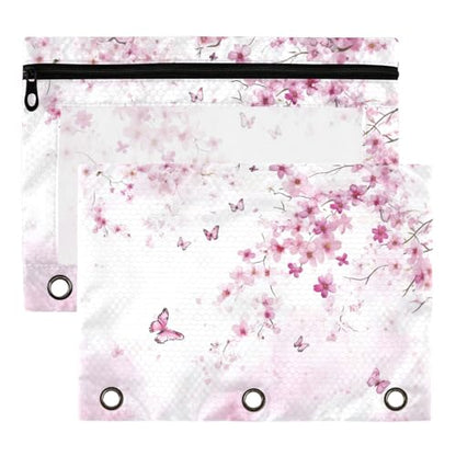Studying 2 Pack Pink Cherry Blossom Trees Butterfly 3 Ring Binder Pencil Pouch Bags,Clear Window Zipper Storage Case for Boys Girls School Office Supplies Cosmetics Organizers - color: Multi-cherry Blossom