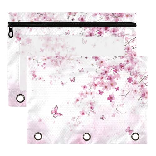 Studying 2 Pack Pink Cherry Blossom Trees Butterfly 3 Ring Binder Pencil Pouch Bags,Clear Window Zipper Storage Case for Boys Girls School Office Supplies Cosmetics Organizers - color: Multi-cherry Blossom
