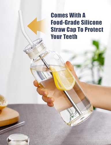 NiHome 25oz/750ml Clear Glass Water Bottle with 2 Caps & Stainless-Steel Straw, Temperature Resistant Durable High Borosilicate Glass Drinkware with Leak-Proof Seal for Travel, Gym, School & Home Use - color: Clear
