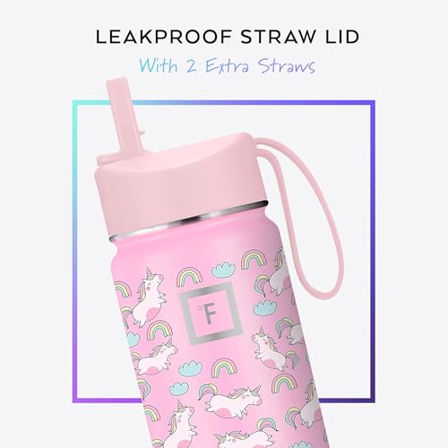 IRON °FLASK 14 oz Kids Insulated Water Bottle | Vacuum Insulated Kids Water Bottle with Leakproof Straw Lid & 20 Name Stickers - BPA Free (Fiesta) - color: Fiesta