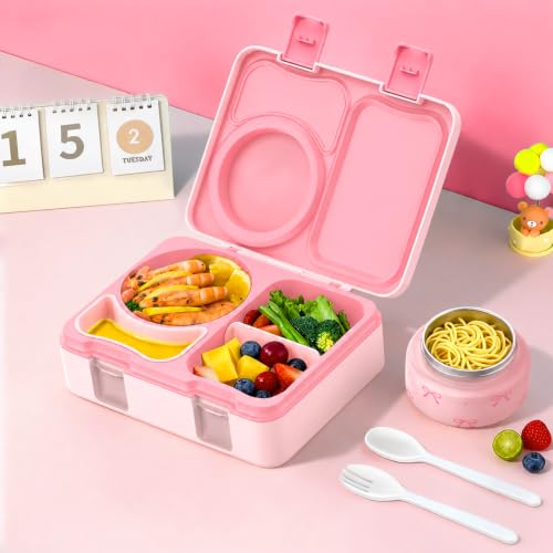 Kids Lunch Box with Thermo, Leakproof Bento Box for Kids with 8OZ Insulated Food Jar, Ice Pack, Sauce Cup, Utensils, Removable Tray & Dividers for School Daycare Travel (Bows) - color: Bows
