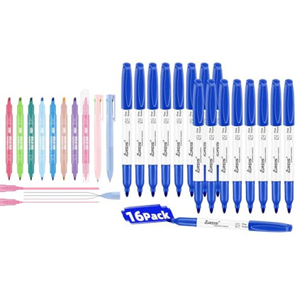 Dual tip Highlighters and gel pens set and Fine Point Blue Permanent Markers Bulk