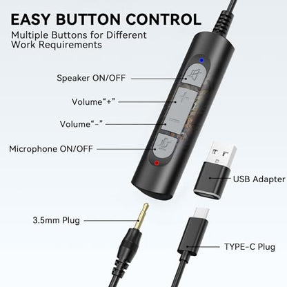 Wantek Headset with Microphone for PC Wired Headphones - USB C 3.5mm Headsets with Noise-Cancelling Microphone for Laptop