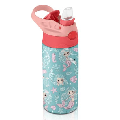 Mermaid Water Bottle for Girls - 12oz Cute Cartoon Kids Water Bottle with Straw, Stainless Steel Tumbler, Insulated, Leak-proof, BPA-free, Pop-up Straw Lid, for School, Children Birthday Gift Cup(1pc) - color: Line Mermaid