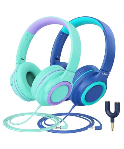 iClever 2Pack Kids Headphones with Sharing Splitter - 85dBA Safe Volume Limited - HS22 Wired Headphones for Kids Teens, Tangle-Free 3.5mm Jack Foldable Stereo for School/Tablet/Travel - color: Green & Blue