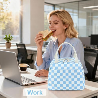 LEDAOU Kids Lunch Bag for Girls, Insulated School Lunch Box, Lightweight | Insulated interior, lightweight design, front pocket, smooth dual zippers, ideal for school and travel - color: Blue White Checkered