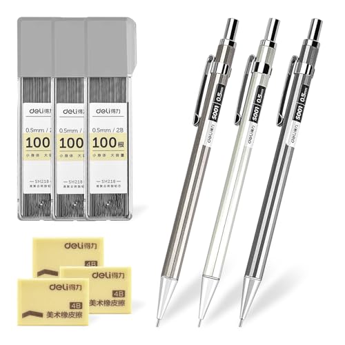 deli 0.5mm Metal Mechanical Pencil Set, 3 PCS Mechanical Pencils with 3 Tubes 2B Lead Refills and 3 Erasers, Writing & Drawing Pencil Kit for Back to School Stationery Supplies(Random Color) - color: 0.5mm