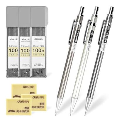 deli 0.5mm Metal Mechanical Pencil Set, 3 PCS Mechanical Pencils with 3 Tubes 2B Lead Refills and 3 Erasers, Writing & Drawing Pencil Kit for Back to School Stationery Supplies(Random Color) - color: 0.5mm