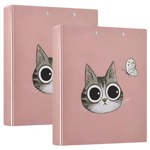 Fustylead Cute Cat and Butterfly Soft Pink 3 Ring Binder, D-Rings 1.5" Hardcover Folder, Fits 200 Sheets of A4 Paper, Durable Clipboard & Clean View with Inside Pockets for School Home Office - size: 12.4x10.63x2.36 Inch-2 Pack
