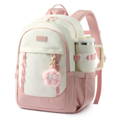 LOVEVOOK School Backpack for Teen Girl, Cute Student Bookbag Fits 17.3 Inch Laptop, Back to School Backpack Purse for Teenagers, Casual Daypack Kid Back Pack Travel Bag, Gift - color: Beige-pastel Pink, size: 17.3 Inch