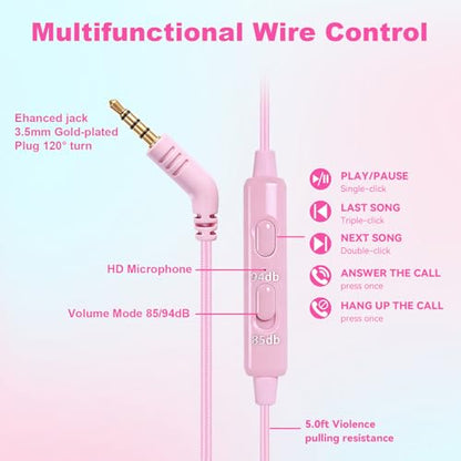 V8 Kids Headphones,Toddler Headphones with Mic, 85/94dB Volume Limiter, Tangle-Free 3.5mm, Stereo Sound, Shared Interface, Adjustable Portable Headphones for School & Travel （Pink） - color: Hot Pink