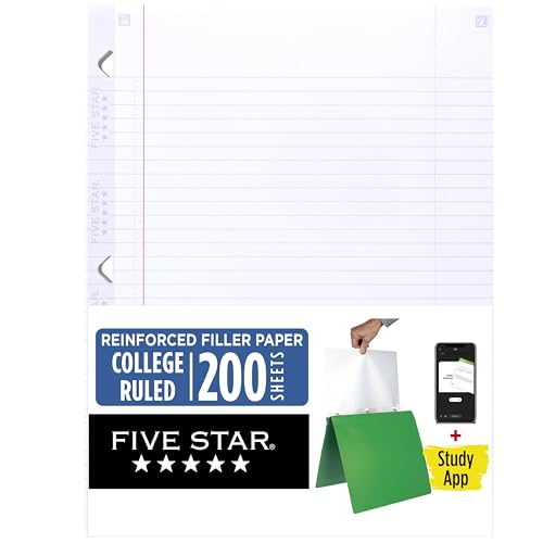 Five Star Loose Leaf Paper + Study App, College Ruled Filler Notebook Paper, Reinforced, Fights Ink Bleed, 8-1/2" x 11", 200 Sheets (170054-ECM) - size: 200 Sheets