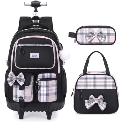 Bevalsa Rolling Backpack for Girls, Roller Backpack with Wheels, Cute Bow Wheeled School Bookbag Set with Lunch Bag & Pen Case, Suitcases for Kids Teens Elementary Middle Student (Black Pink) - color: Black Pink