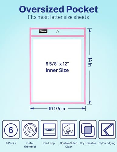 SUNEE 6 Packs Oversized Reusable Dry Erase Pocket Sleeves with Ring, Pink 10x14 Ticket Holders, Clear Plastic Sheet Protectors, Teacher School Classroom Supplies - color: Pink, style: 6 Pack