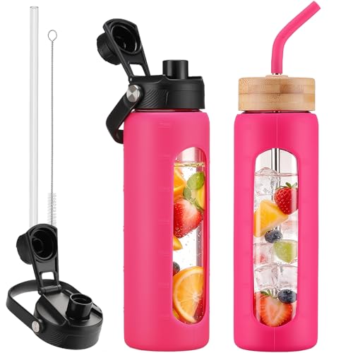 24 oz Glass Water Bottle with Straw – 2 Lids (Bamboo & Spout Lid), Motivational Borosilicate Glass Daily Water Intake Bottle with Time Marker, Silicone Sleeve for Gym Home Office-Rose Red - color: Rosered, size: 24 Ounces