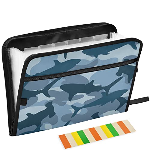 Camo Shark Blue 13 Pockets Expanding File Folder with Sticky Labels Accordion File Folder Document Organizer Letter Size A4 Papers Expandable File Keeper - color: Multicolor 25