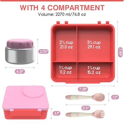 Bento Box for Kids - Leak-Proof Bento Lunch Box with Insulated Thermo Food Jar - 4 Compartments, 1 Removable Divider, 1 Spoon, 1 Fork - Dishwasher Safe, BPA-Free (Pink) - color: Pink