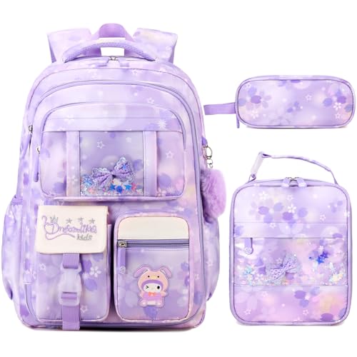 Jafeton Backpacks for Girls, Girls Backpack with Insulated Lunch Bag and Pencil Case for Kids Teens Elementary Middle High School Student, Cute Bow School Bag Travel Daypacks Book Bag Set - color: Purple