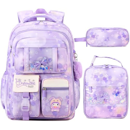 Jafeton Backpacks for Girls, Girls Backpack with Insulated Lunch Bag and Pencil Case for Kids Teens Elementary Middle High School Student, Cute Bow School Bag Travel Daypacks Book Bag Set - color: Purple