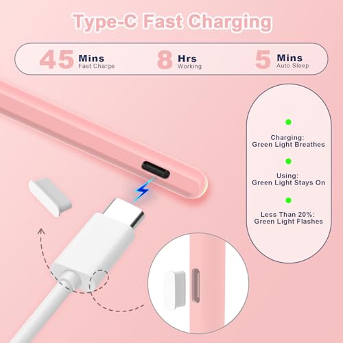 Stylus Pen for iPad, Magnetic Wireless Charging & USB C Fast Charge Pencil Compatible with Apple iPad (A16)11/10/9/8/7/6th Generation, Pro 13"/12.9"/11", Air M3/M2/5/4/3, Mini (A17 Pro)7/6/5 Gen Pink - color: Pink+6pcs Replacement Nibs