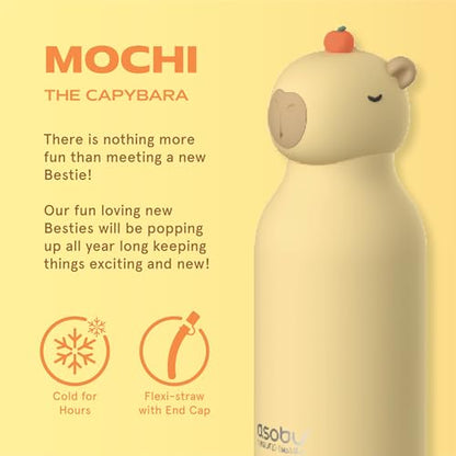 asobu Bestie Bottle Limited Edition Collectible Kids Water Bottle with Animal Character Lid 16oz (460ml) Insulated Stainless Steel, Leakproof, Reusable with Straw Fun Gift for Girls & Boys - color: MOCHI THE CAPYBARA