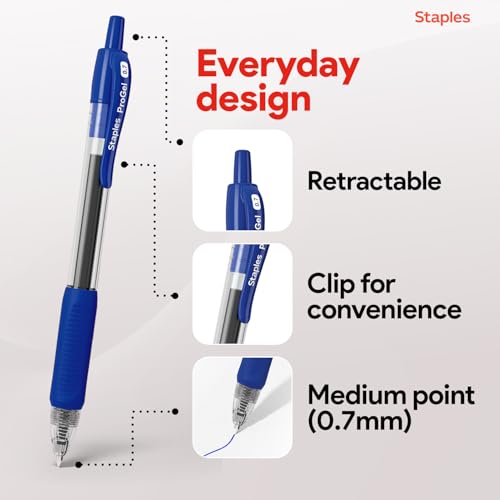 STAPLES Retractable Gel Pens, Fine Point 0.7mm, Blue Ink, 12 Pack – ProGel Smooth‑Writing Pens for Office, School & Home - color: Blue, size: 12 Pack, style: Fine Point
