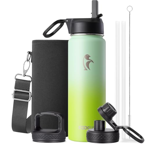 Coolflask Water Bottle 20 oz Insulated with Straw, Stainless Steel Metal 3 Lids Water Flask Wide Mouth for Sports or Office, Non-BPA Keep Cold Up to 48 Hrs or Hot Up to 24 Hrs, Ombre Green - color: Ombre Green, size: 20 Ounces