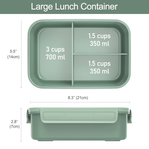 Caperci Classic Bento Box Adult Lunch Box for Older Kids - Leakpoof 47 oz 3-Compartment Lunch Containers for Adults and Teens, Built-in Utensil Set, Ideal for On-the-Go Balanced Eating,Khaki Green - color: Khaki Green