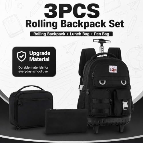 CCJPX Rolling Backpack for Girls Women, 21 inch Roller Wheels School Bookbag, Wheeled Suitcase Backpacks with Lunch Bag for Teen - Black - color: Black