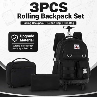 CCJPX Rolling Backpack for Girls Women, 21 inch Roller Wheels School Bookbag, Wheeled Suitcase Backpacks with Lunch Bag for Teen - Black - color: Black