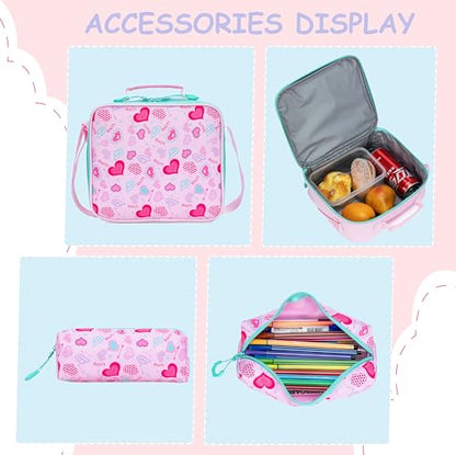 Pink Rolling Backpacks with Wheels for Girls Aesthetic Rolling Backpack for Elementary with Lunch Box School Trolley Backpack for Girls School Supplies - color: Pinklove