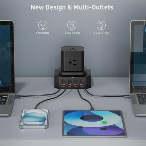 Charging Station (100W), 13-in-1 USB C Power Strip with Surge Protection, 6.6Ft Extension Cord, 4 USB C and 4 USB A Ports, 5 AC Outlets for Home Office Dorm Room - size: Single-Deck