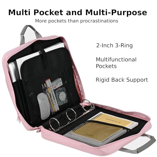Famlife Zipper Binder with Strap - 2 Inch 3-Ring Trapper Keeper - 500-Sheet Pink Multi-Pocket Organizer Binder for School and Office