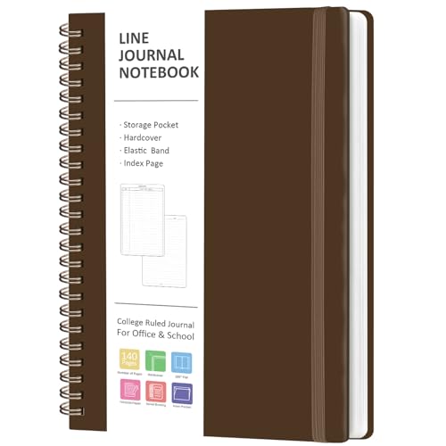 A5 Lined Spiral Journal Notebook, 146 Pages Hardcover Notebook with 100 GSM Thick Paper, Inner Pocket & Elastic Closure, 5.7" x 7.9", Notebooks for Work, School, College, Office, Journaling & Note Taking - color: Brown