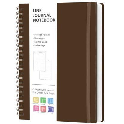 A5 Lined Spiral Journal Notebook, 146 Pages Hardcover Notebook with 100 GSM Thick Paper, Inner Pocket & Elastic Closure, 5.7" x 7.9", Notebooks for Work, School, College, Office, Journaling & Note Taking - color: Brown