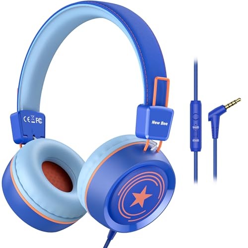New Bee Kids Headphones for School with Microphone KH20 HD Stereo Safe Volume Limited 85dB/94dB Foldable Lightweight On-Ear Headphone for boy Mac/Android/Kindle/Tablet/Pad(Royal Blue) - color: Dark Blue, size: wired