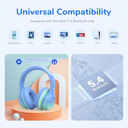 EarFun K4 Kids Bluetooth Headphones, Wireless Headphones with LED Lights | 74/85/94dBA Volume Limited, Built-in Mic, 90H Playtime, Bluetooth 5.4 Over Ear Headphone for iPad/Tablet/PC/School, Green - color: Green