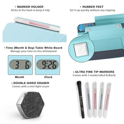 Small Glass Desk Whiteboard Dry-Erase Board with Clock, Small Travel Clock Keychain with Desk Notepad, Time Table Whiteboard for Desk Digital LED Light Display, 8x6 in with Accessories, Aqua Blue - color: Teal Blue With Clock