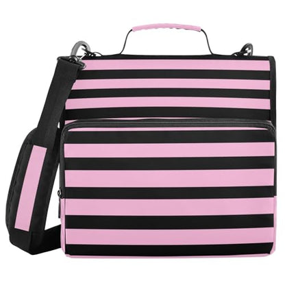 Black and Pink Stripes Zipper Binder with Shoulder Strap Bag 3 Ring Binder Organizer Large Capacity Multiple Compartments for School Office