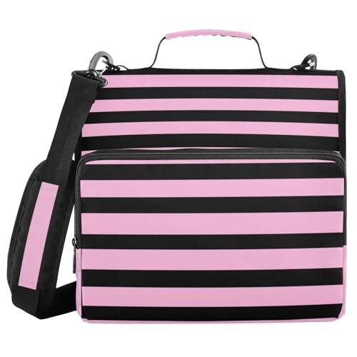 Black and Pink Stripes Zipper Binder with Shoulder Strap Bag 3 Ring Binder Organizer Large Capacity Multiple Compartments for School Office