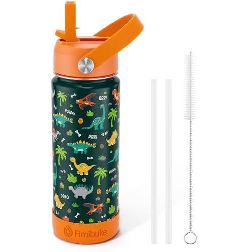 Fimibuke Kids Insulated Water Bottle, 18oz BPA FREE 18/8 Stainless Steel Kid Cup with Straw Travel Tumbler Double Wall Leak Proof Toddler Water Bottle for School Boys Girls (1 Pack, Green Dinosaur) - color: A2. Green Dinosaur