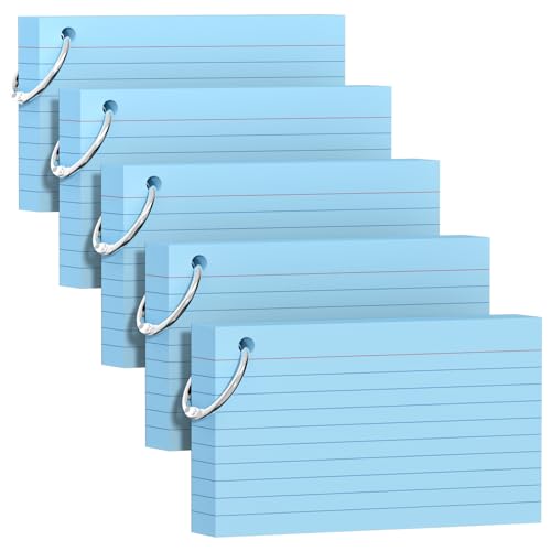 250 Count Blue Index Cards 3x5 Inch with Key Ring, Color Flash Index Card (50 Sheets Each), Durable & Portable Note Taking for Students, Teachers, Study Note Cards for Office Home School - color: Blue 5 Pack