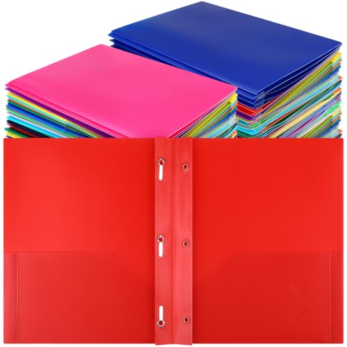 Cholemy 132 Packs Pocket Folders with Prongs Heavy Duty Plastic Folder with Business Card Slot 3 Prong Fasteners for School Office (Bright) - color: Bright